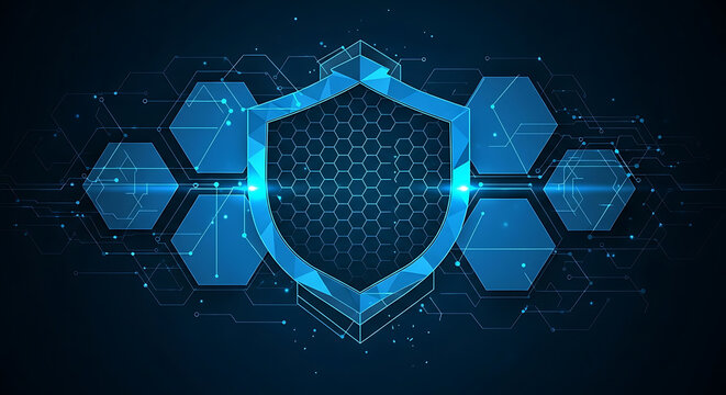 Secure digital network defense shield illustration symbolizing data protection and innovative tech security.