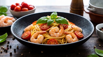 Shrimp Spaghetti with Cherry Tomatoes and Basil