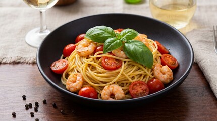 Spaghetti with Shrimp, Cherry Tomatoes, and Basil