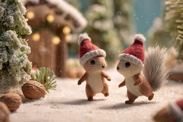 Two adorable squirrels wearing santa hats stand in a snowy winter wonderland
