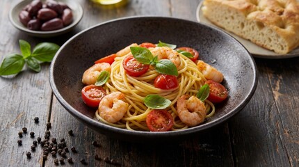 Spaghetti with Shrimp, Cherry Tomatoes, and Basil