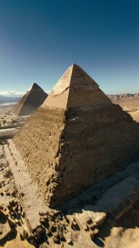 A dynamic drone-style fly-through of the newly built Giza Plateau, revealing the pyramids and complex in their pristine, ancient glory from a first-person view.