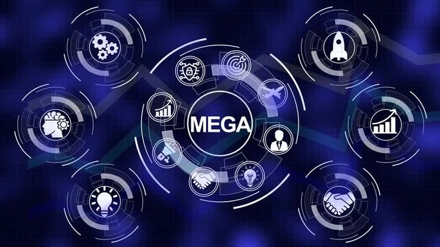 MEGA business strategy infographic with icons for innovation growth and teamwork on a digital background