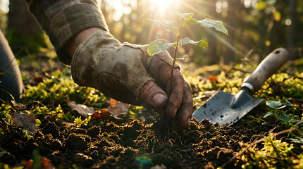 Gloved hand planting new tree sapling with garden shovel with morning brightly lit background for Eco themed.