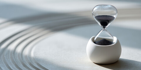 A sand timer is sitting on a white plate with the black sand almost completely drained out of it, indicating that time has passed and more than half an hour has gone by