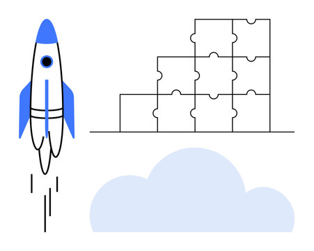 Innovation concept. Innovation portrayed with a rocket launch, puzzle blocks, and a cloud. Innovation drives progress, problem-solving, and modern technology. For startups, progress teamwork cloud