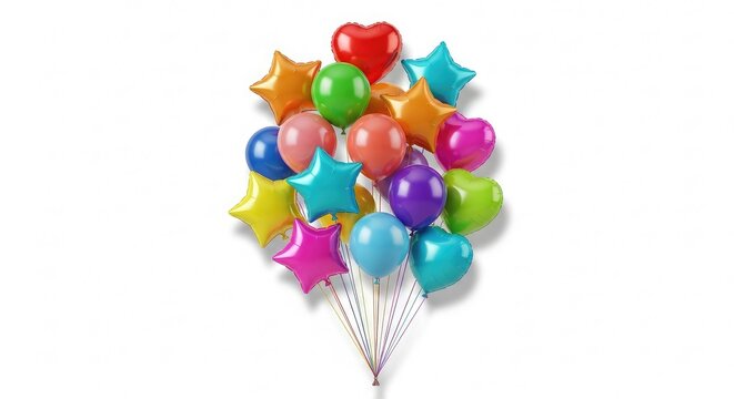 Celebrate with vibrant heart and star balloons floating joyfully, perfect for birthdays, parties, and special events, adding a splash of color and festive cheer