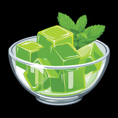 Glass bowl filled with green gelatin cubes and mint leaves on a dark elegant surface background - Vector Illustration © powdesign