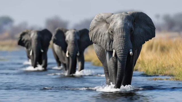 Elephants walking through shallow water in a serene landscape during a clear day in the African wilderness - Powered by Adobe