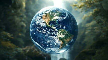 Fototapeta premium the earth floating in a forest, embodying the beauty and fragility of our planet. A breathtaking scene.