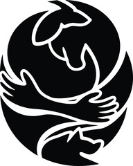 Paper cut style logo of human hands hugging dog and cat silhouettes in oval shape