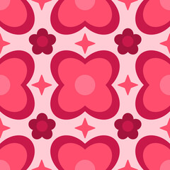 Pink Red Retro 60s Floral Seamless Pattern PNG