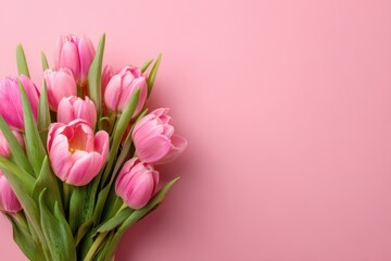 Fototapeta premium Charming Pink Tulip Bouquet on Soft Pink Canvas. Perfect for Celebrations: Valentine's Day, Easter, and Mother's Day. Flat Lay Elegance with Ample Space for Your Message.
