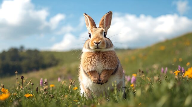 a curious rabbit, perched amongst vibrant wildflowers under a blue sky, exudes a sense of peace and tranquility