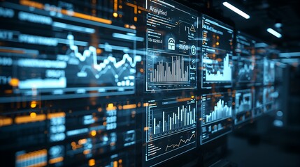 A high-tech control room with digital displays showcasing financial data and analytical insights. The image shows several monitors displaying graphs and charts, creating a dynamic visual