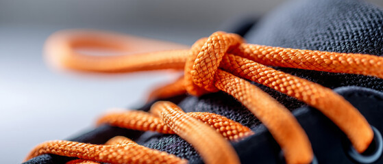 A close up of a shoe with orange laces tied in a knot