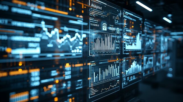 A high-tech control room with digital displays showcasing financial data and analytical insights. The image shows several monitors displaying graphs and charts, creating a dynamic visual