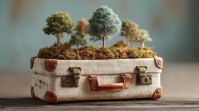 Vintage suitcase becomes tiny garden with moss and trees growing from a rustic trunk