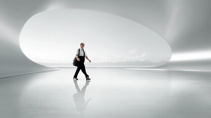 Wide collage of futuristic hall with businesswoman walking across bright architectural surface. Concept of touristic progression, structural dynamics, high-end transit culture, and future architecture