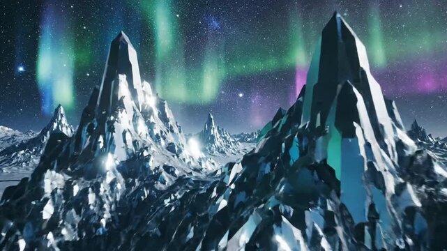 Crystalline mountains beneath a celestial light show