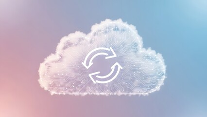 Cloud computing refresh icon with abstract digital design and gradient background