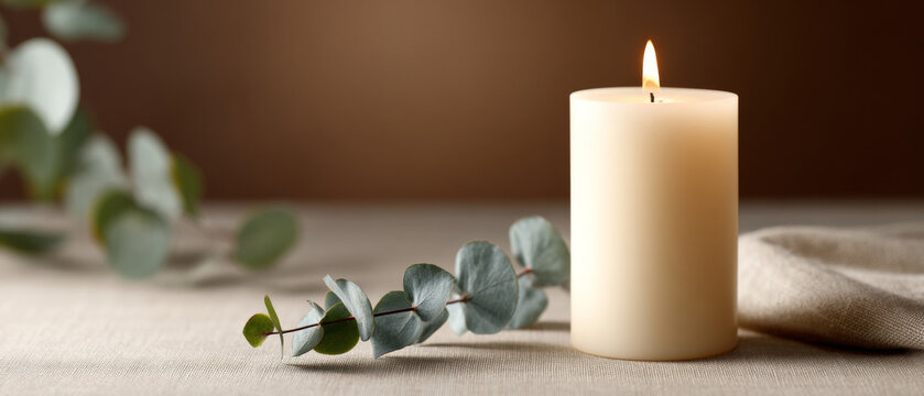 A lit candle with eucalyptus leaves on a tablecloth, in front of a brown background
