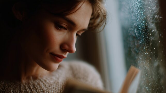 Young woman reading a book by the window during a rainy day in cozy light