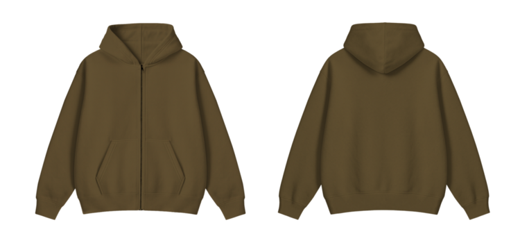 Dark Brown Zipper Hoodie Mockup Front and Back on Transparent Background