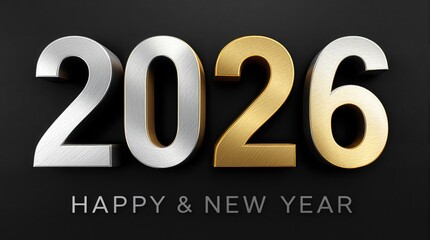 2026 happy new year with gold and silver metallic numbers on black
