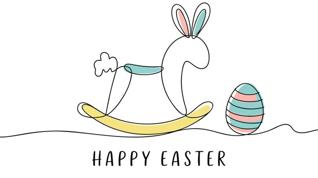 Minimalist easter greeting with bunny rocking horse and striped egg illustration