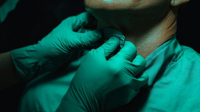 Close up of hands in green gloves examining a patient's neck in a medical setting light