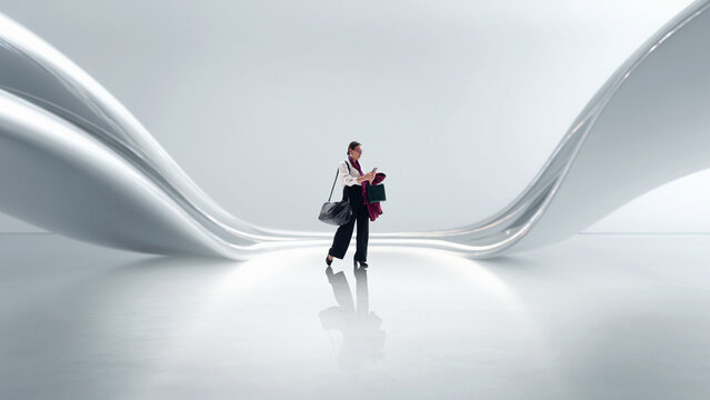 Surreal artwork of futuristic architecture with traveler in bright sculptural passage. Concept of organic design, spatial innovation, premium transit experience, and futuristic architectural identity.