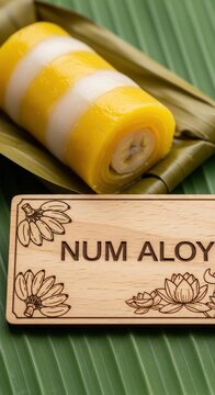 Unwrapped Cambodian Num Aloy with Banana &ndash; Koki Wood "NUM ALOY" Sign, Banana Bunch & Lotus Petal Motifs