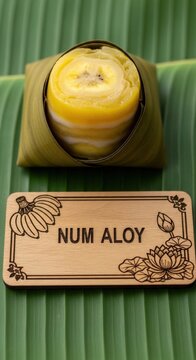 Unwrapped Cambodian Num Aloy with Banana &ndash; Koki Wood "NUM ALOY" Sign, Banana Bunch & Lotus Petal Motifs