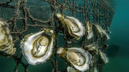 Video Fresh oysters caught and placed in a fishing net, ideal for seafood or coastal scene 