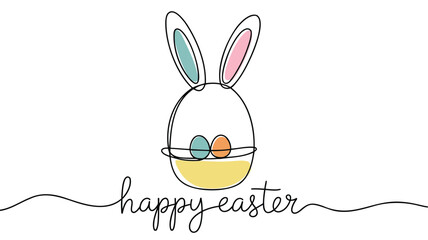 Obraz premium Minimalist single line drawing of a bunny face holding easter eggs in a basket with happy easter text