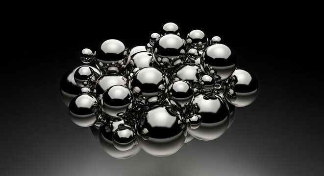Abstract 3D render of glossy chrome spheres clustering together against a dramatic dark background - Powered by Adobe