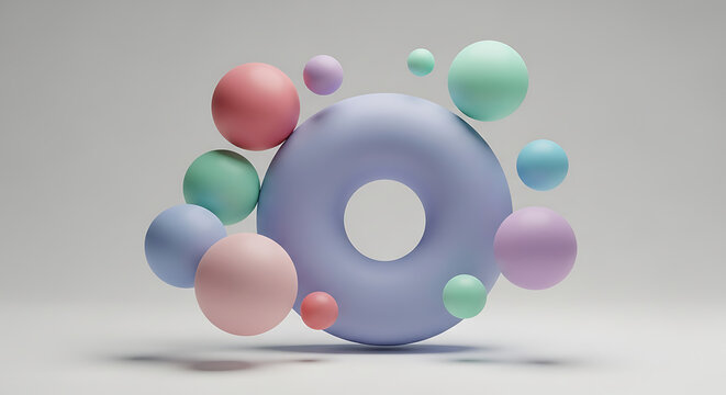 Abstract 3D rendering of pastel colored spheres floating around a matte purple geometric torus shape - Powered by Adobe