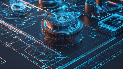 Futuristic electronic circuit board with processor and digital technology elements