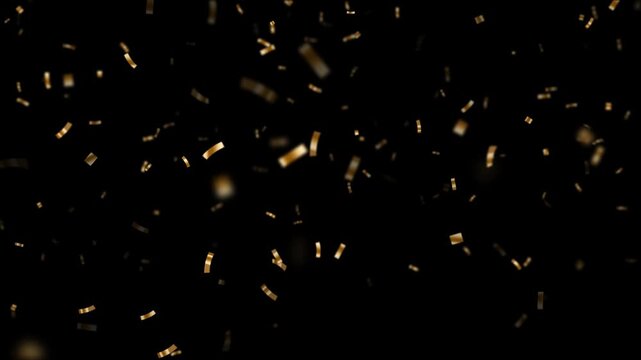 gold metallic confetti rain camera blur isolated alpha channel animation, golden birthday party and anniversary celebration overlay social media motion design element	