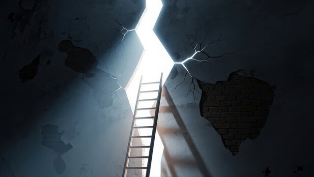 Rusty ladder ascends, Sunbeams highlight dust and old plaster