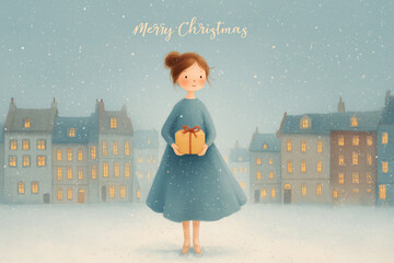 AI-generated Watercolor Illustration of a Christmas Girl in Town Square Holding Present