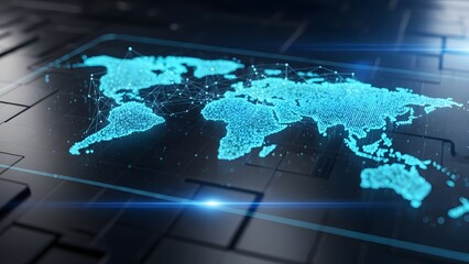 Digital world map displayed on a futuristic surface with a blue glow