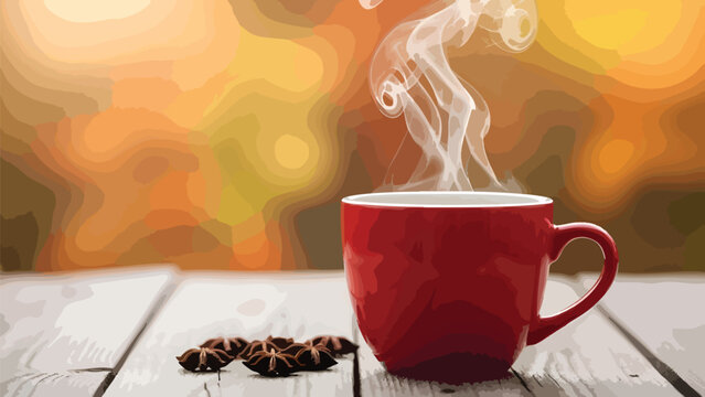 Cozy morning scene: Steaming hot coffee in a vibrant red mug on a rustic white wooden table, with star anise and a warm, blurred autumn background, evoking comfort.