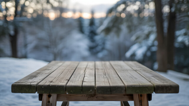 Rustic wooden table in a snowy forest setting