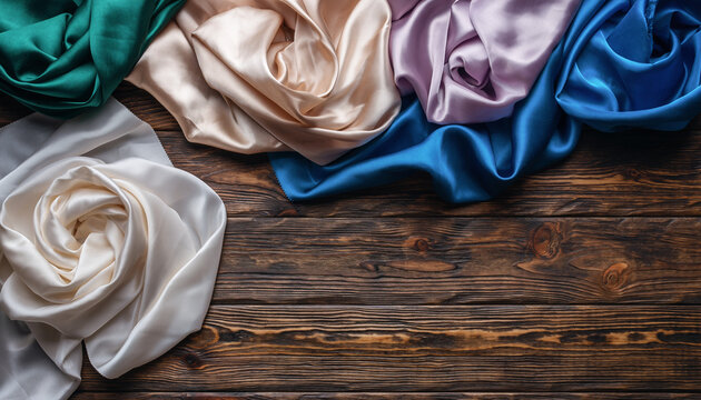 Elegant draped silk fabrics in luxurious shades on rustic wood create a sophisticated backdrop for fashion, design, or creative projects - Powered by Adobe