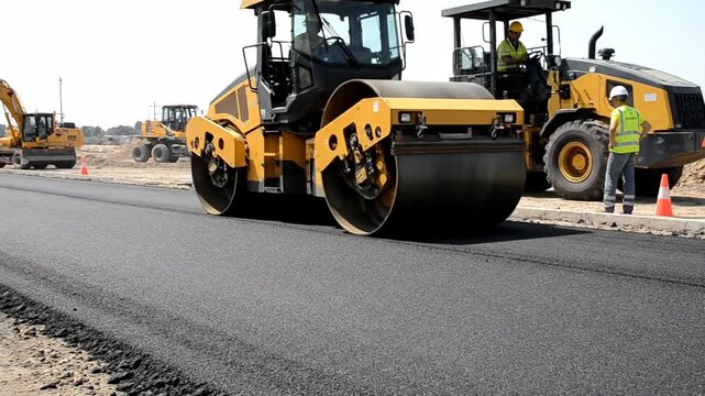 Road construction with asphalt compactor and construction workers.