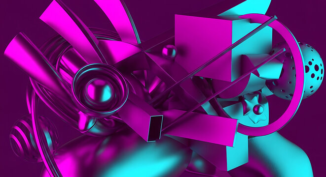Abstract 3D render of complex geometric shapes in bright neon magenta and cyan colors. Futuristic chaotic design background.