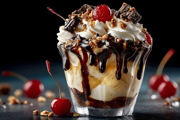 Rich Chocolate Ice Cream Sundae with Cherries and Nuts Image