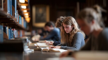 Students studying quietly in a library surrounded by books in a historic setting